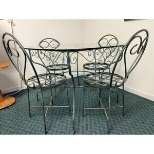 Vintage Wrought Iron and Glass Outdoor Table with 4 Chairs